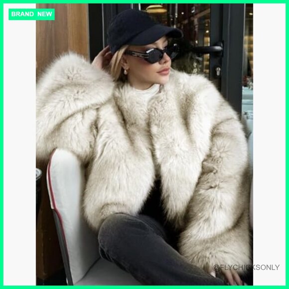 Faux Fur Coat Cropped Jacket Open Front Winter Outerwear - Picture 4 of 6